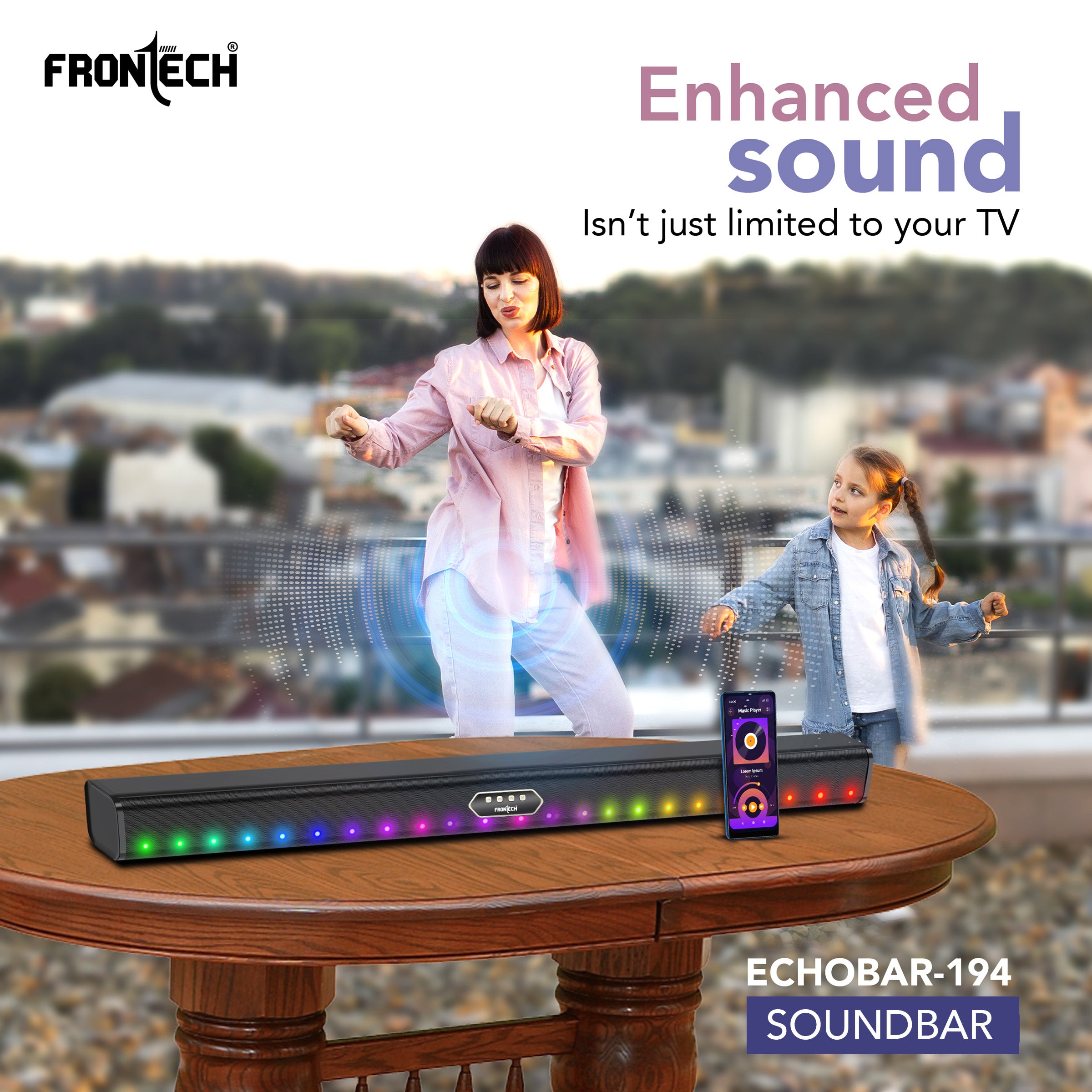 Frontech ECHOBAR | 50W | Bluetooth 5.3 Soundbar with RGB LED Lights | 2400 mAh Battery | AUX/USB/TF/Coax Inputs | Wall Mountable | Portable Speaker for TV, PC & Gaming (SW 0194 ) Frontech ECHOBAR | 50W | Bluetooth 5.3 Soundbar with RGB LED Lights | 2400 mAh Battery | AUX/USB/TF/Coax Inputs | Wall Mountable | Portable Speaker for TV, PC & Gaming (SW 0194 )